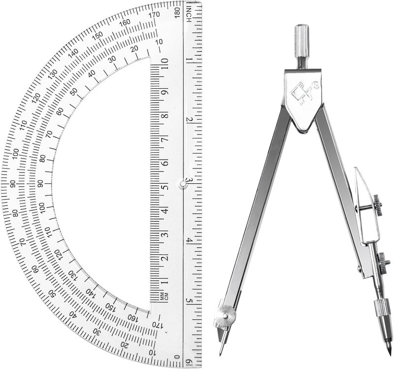 Tdfronien Students Geometry Math Set, Drawing Compass and 6 Inch Transparent Swing arm Protractor 180 Degree Math Protractor (Transparent) - Image 1